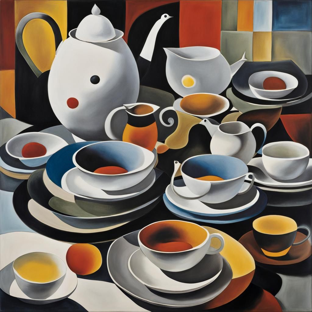 Surreal Tea Set in Grayscale Photogram Style