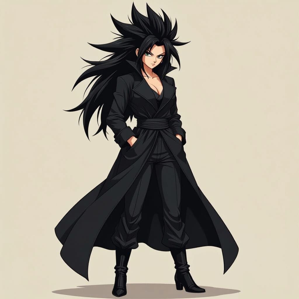 Dramatic Saiyan Woman in Overcoat, Anime Style