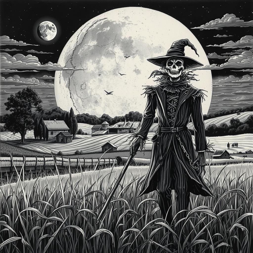 Gothic Scarecrow Ink Drawing Under Moonlight
