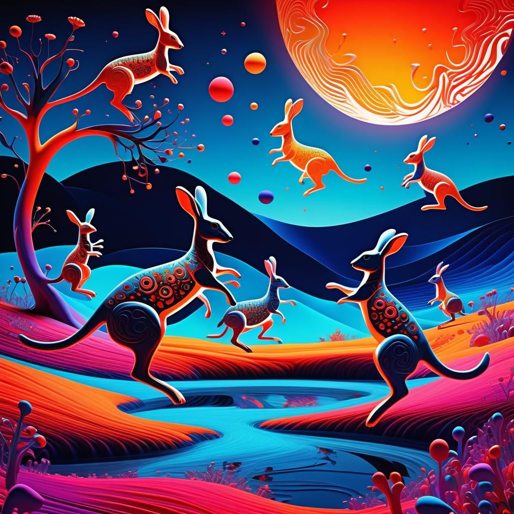 Dreamlike Landscape with Kangaroos and Rabbits