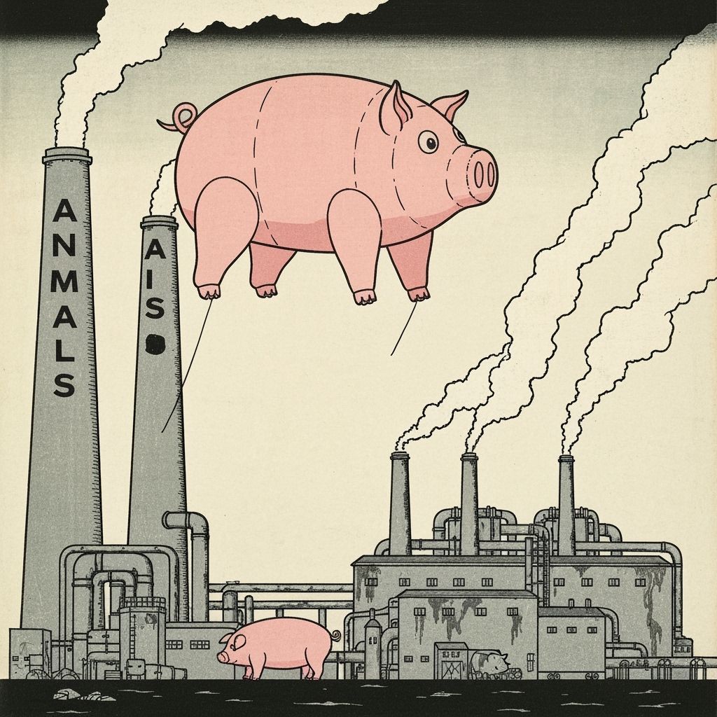 Ukiyo-e style woodblock Pink Floyd Animals Album and Pig fac...