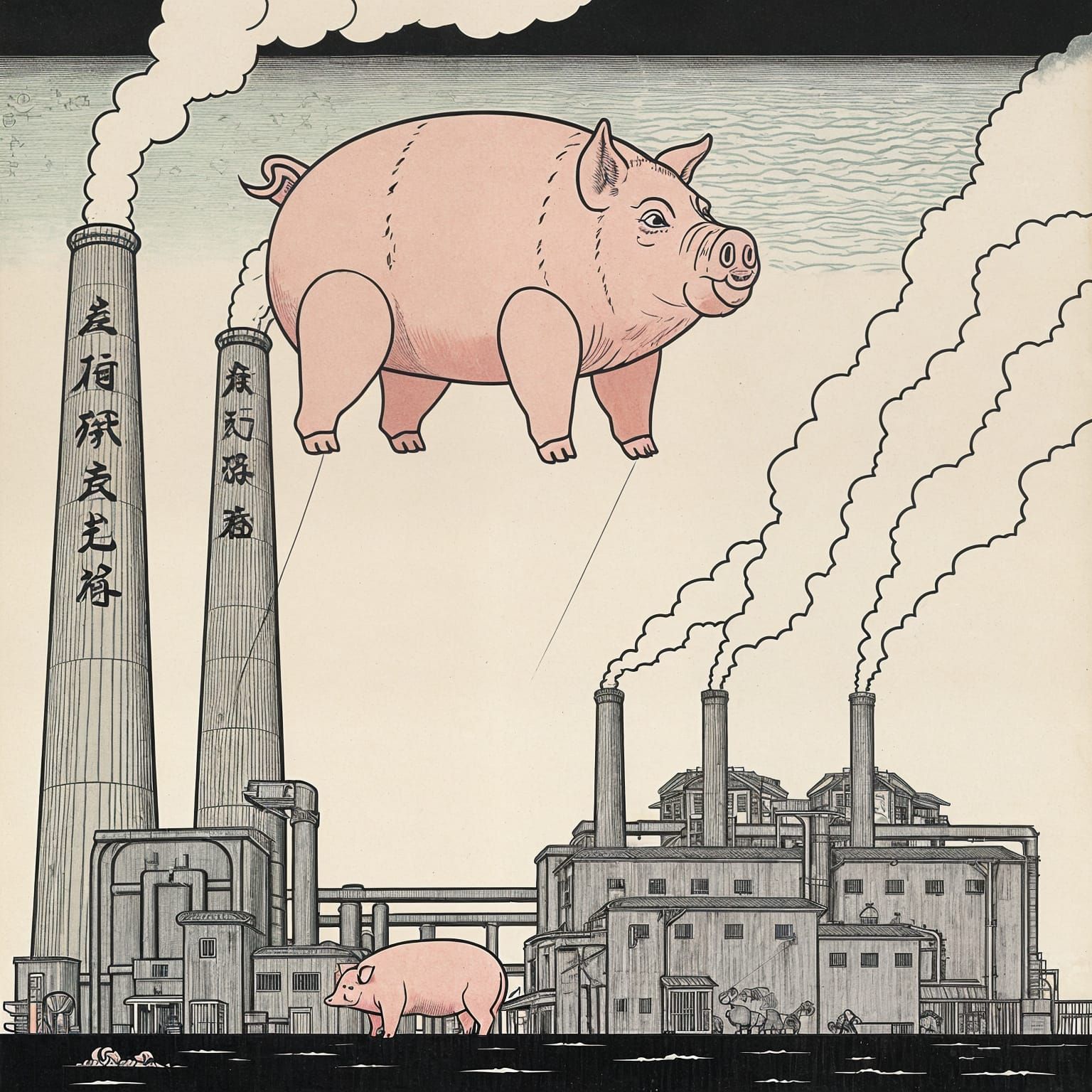 Ukiyo-e style woodblock Pink Floyd Animals Album and Pig fac...