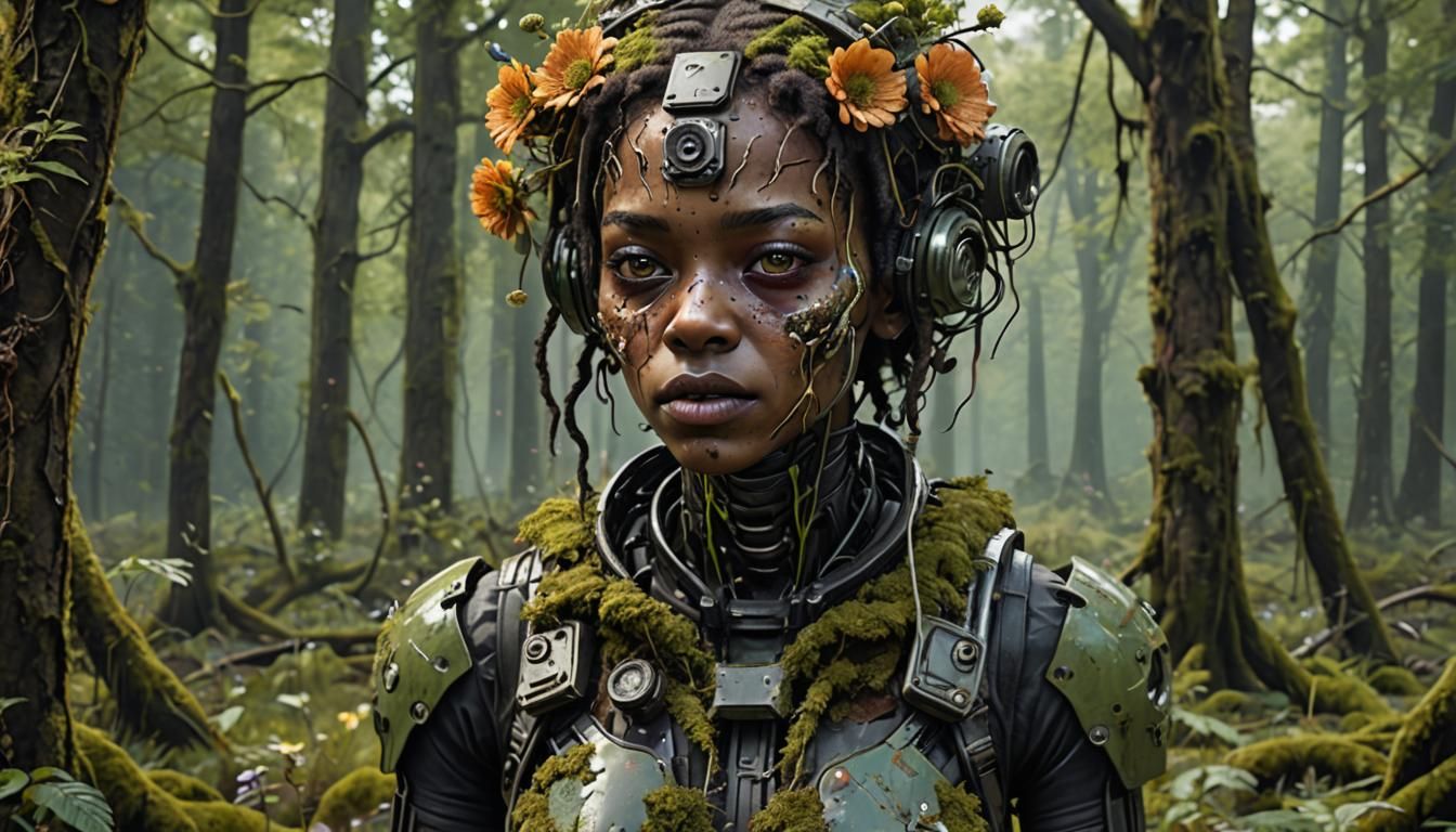 Creepy Android in Decayed Neonpunk Style