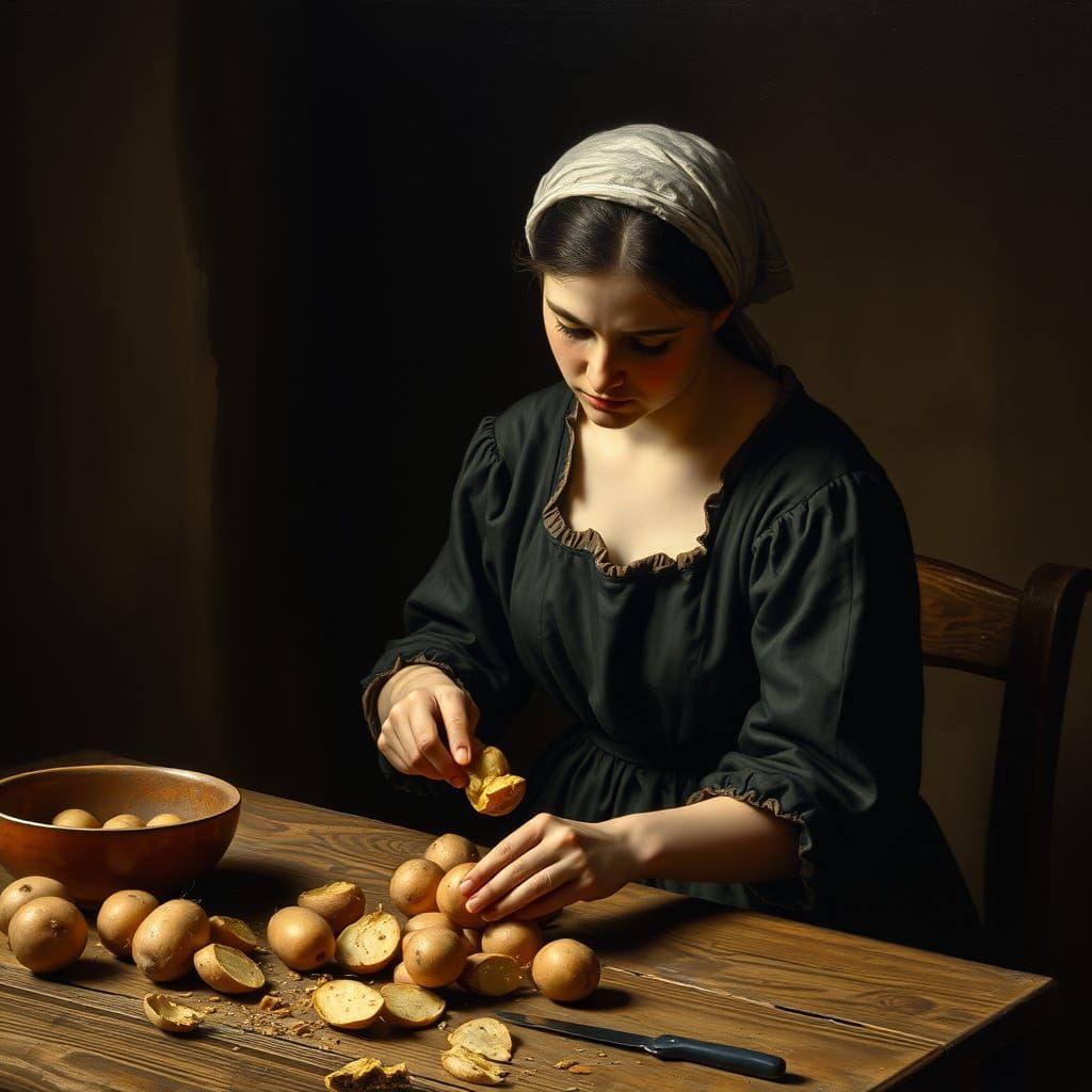 Peasant Woman Peeling Potatoes: Baroque Oil Painting