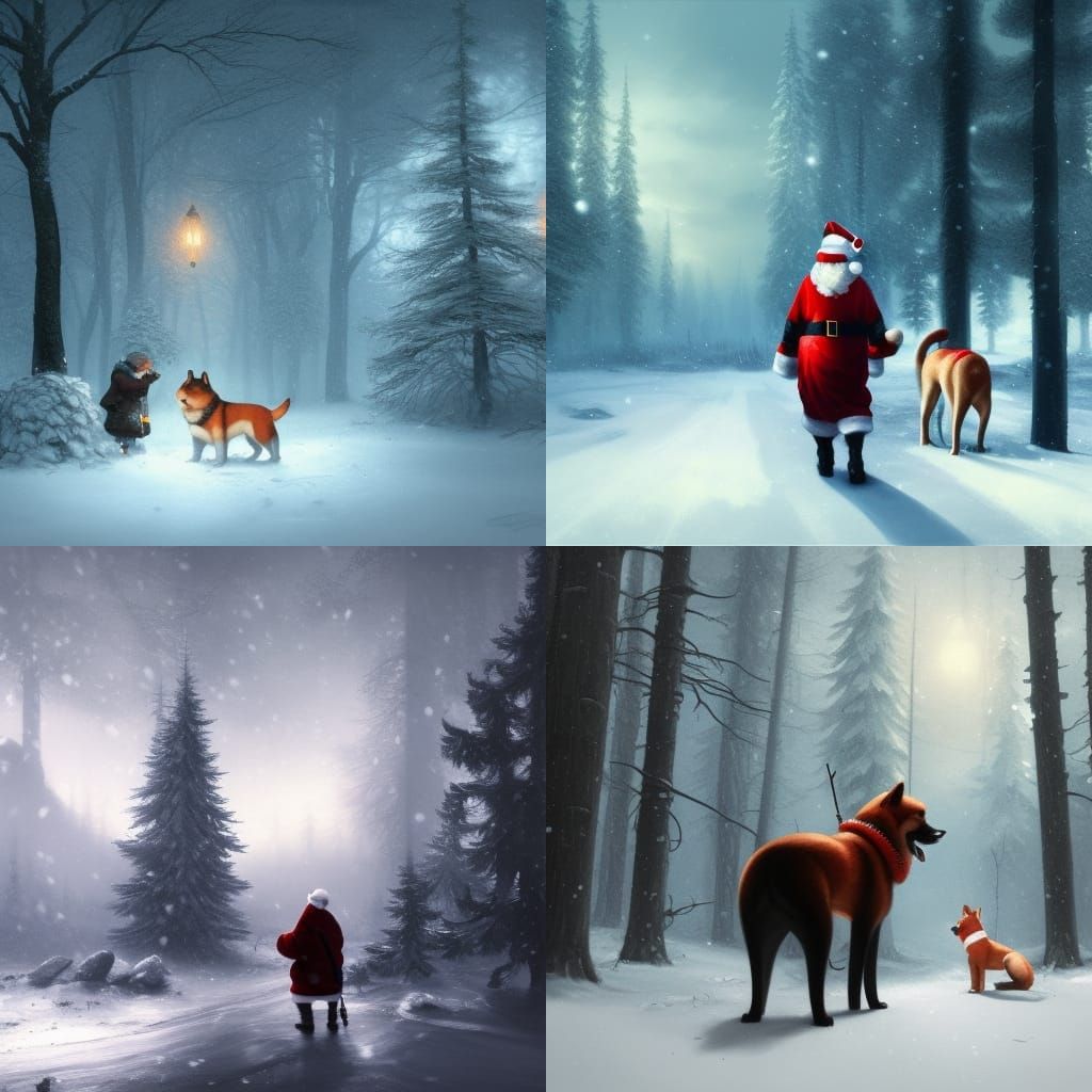 Santa and Shiba Inu in Winter Forest, Dark Fantasy