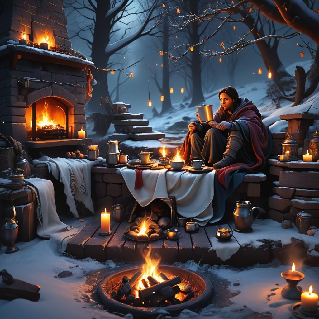 Cozy Winter Night by Firelight: Fantasy Concept Art