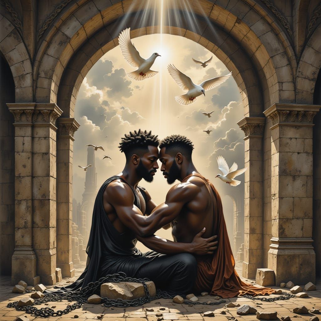 Triumphant Embrace of Liberated Figures with Doves