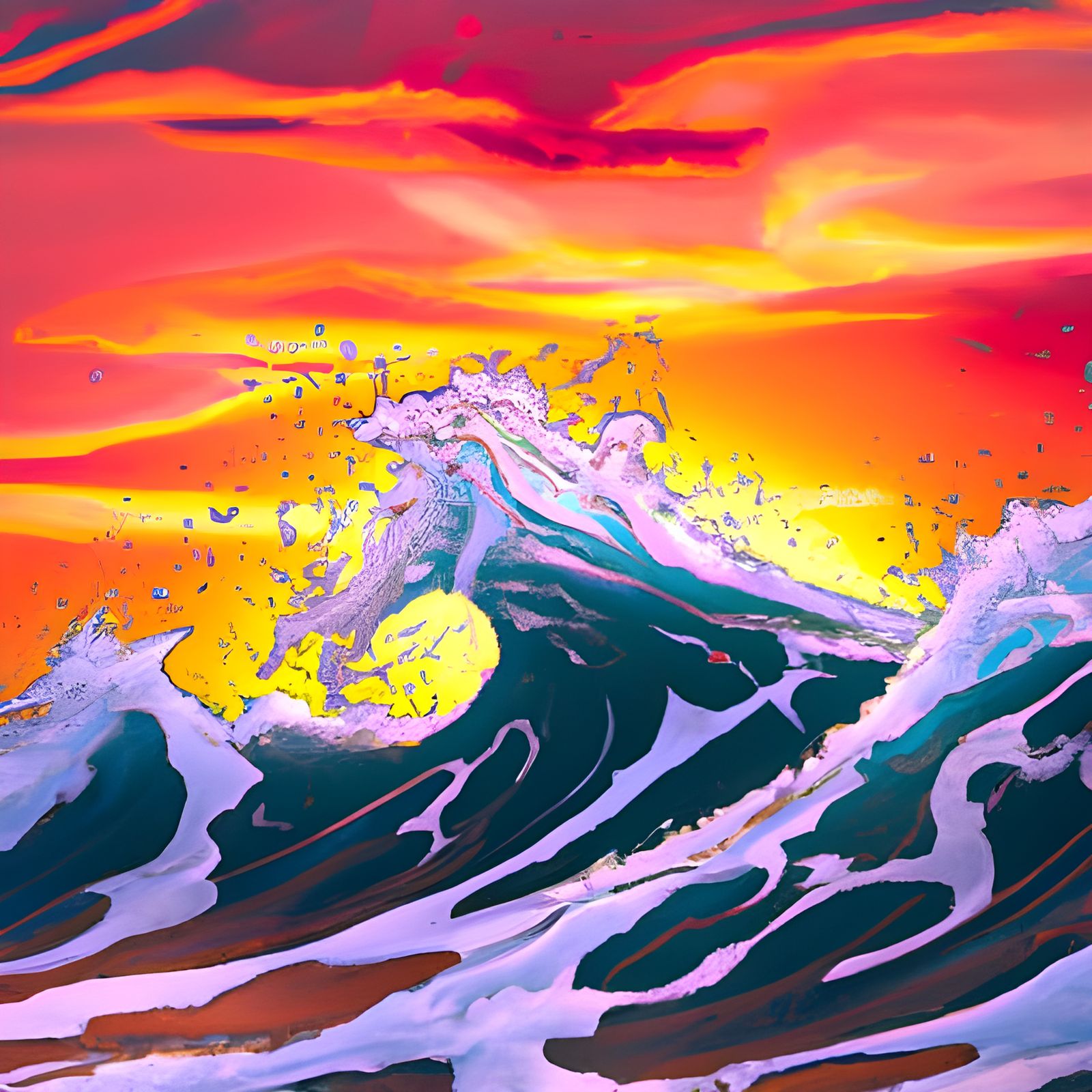 Tidal Wave Against Sunset: Detailed Ink Drawing