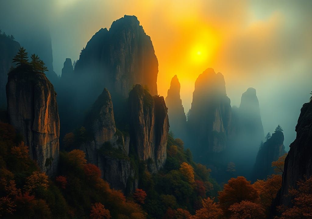 Elbe Mountains in Fog: Art Nouveau Autumn