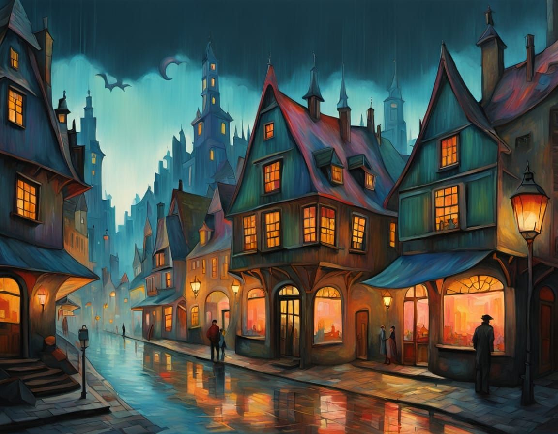 Surreal Twilight Cityscape of Music Buildings Raining Color