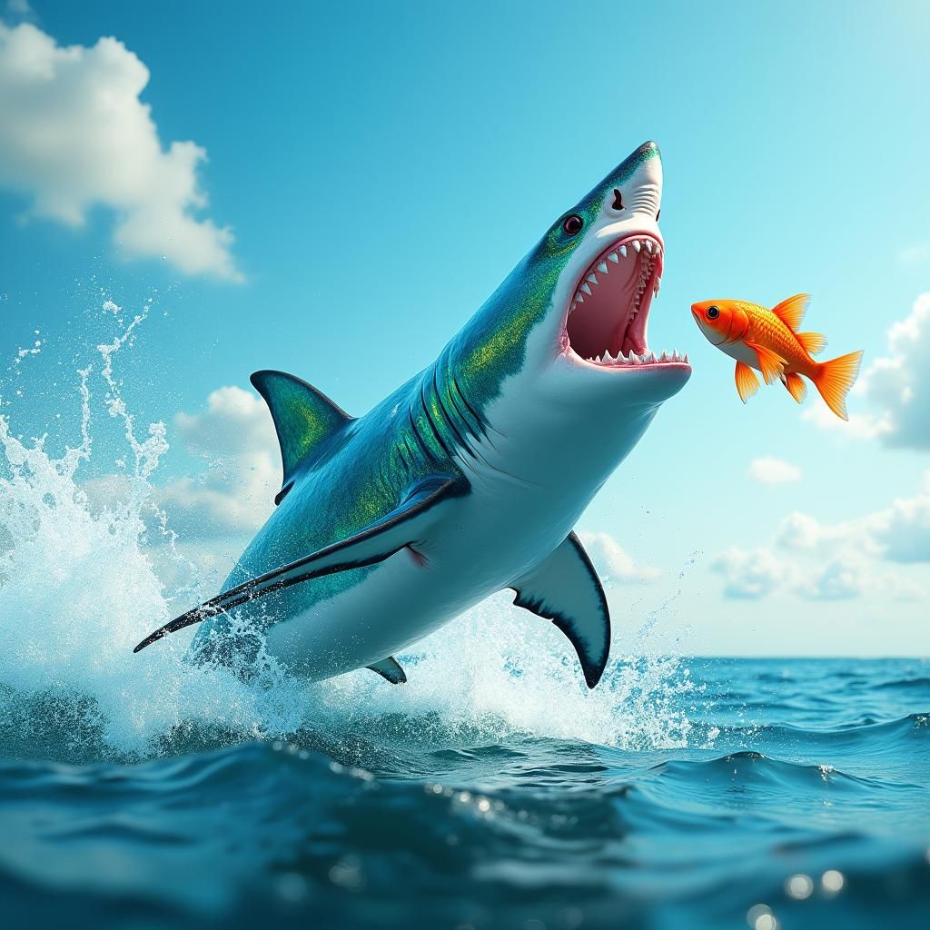 Main Prompt:
"A majestic shark leaps out of the water, jaws ...
