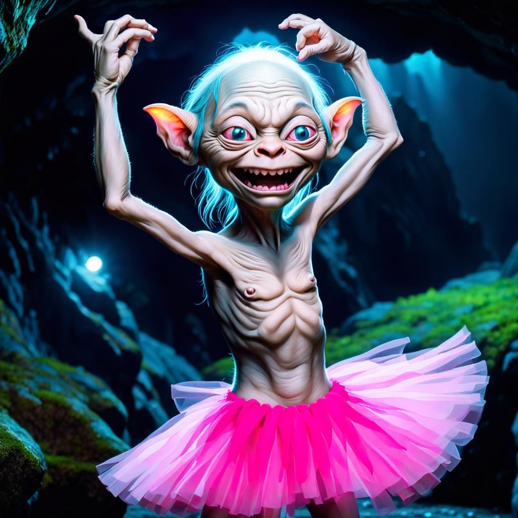 Gollum's Joyful Dance in Bioluminescent Cave