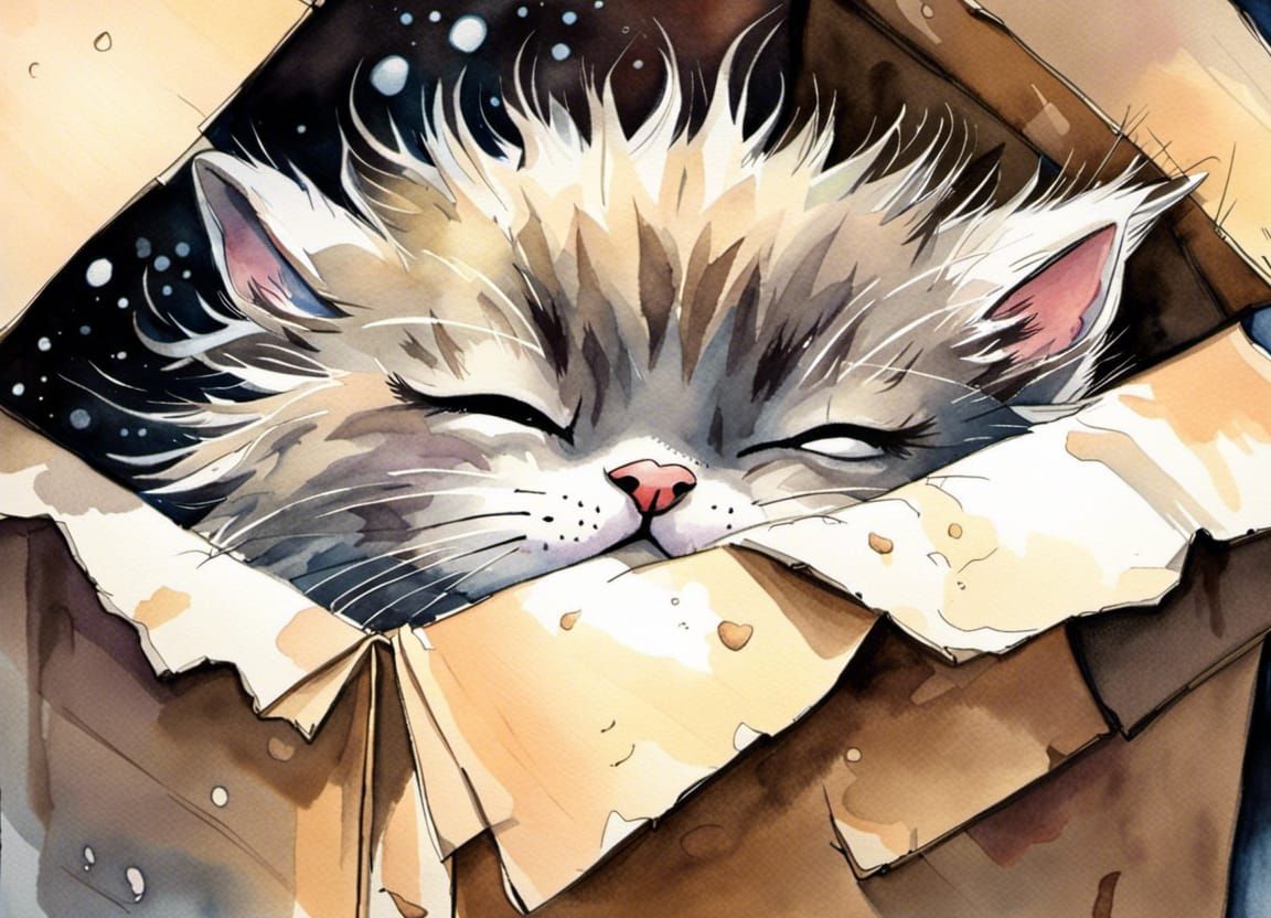 Kitten Nap in Cardboard Box: Watercolor Anime Art
