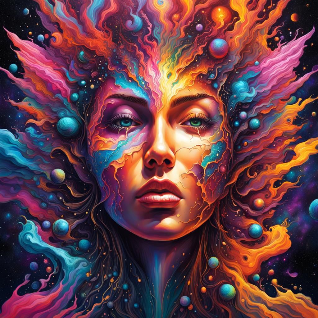 Cracked Face Exploding into Cosmic Graffiti Art