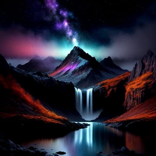 Rainbow Waterfall Cascading Down Dark Mountain Landscape