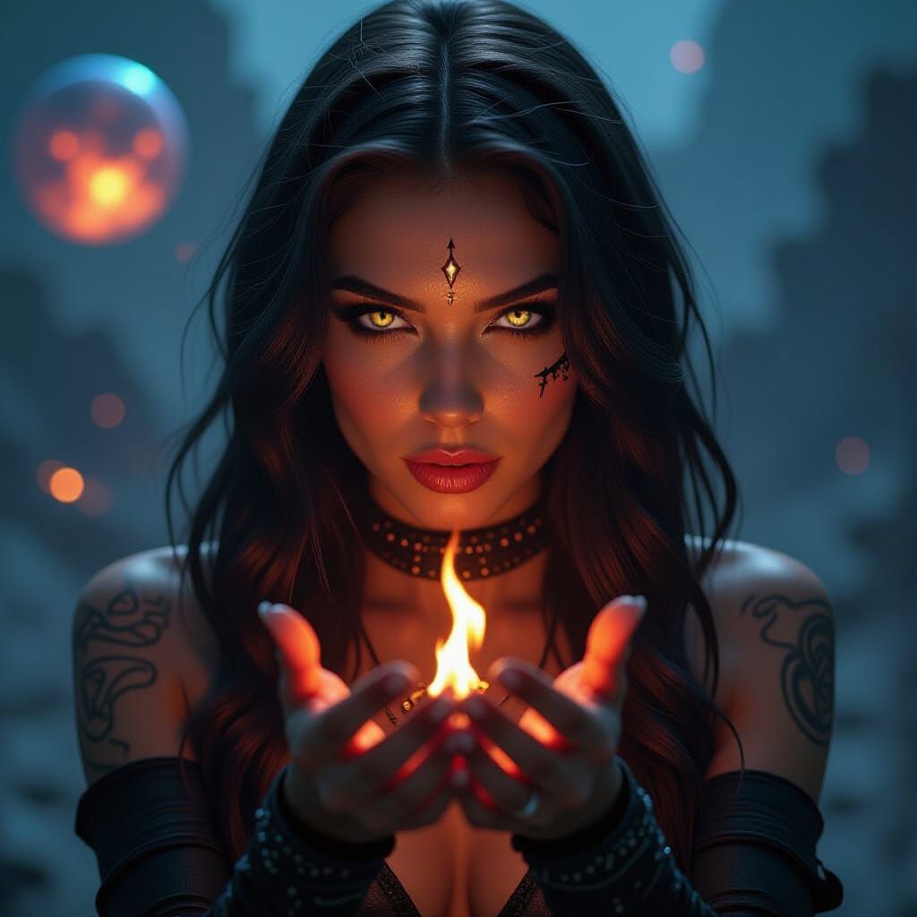 Galactic Witch Ignites Cosmic Flame: Sci-Fantasy Portrait