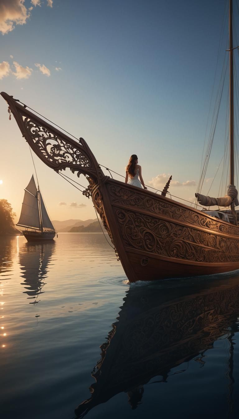 Filigree Sailboat with Mermaid at Sunrise