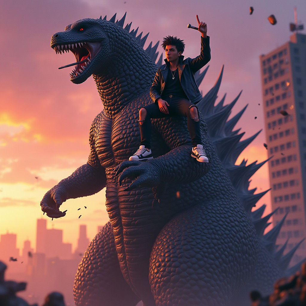 Juice WRLD Rides Godzilla in Fiery Cityscape