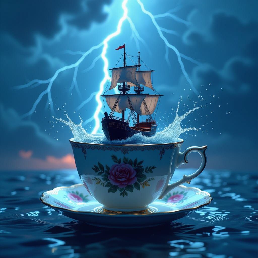 Turbulent Teacup: Dreamlike Double Exposure Artwork