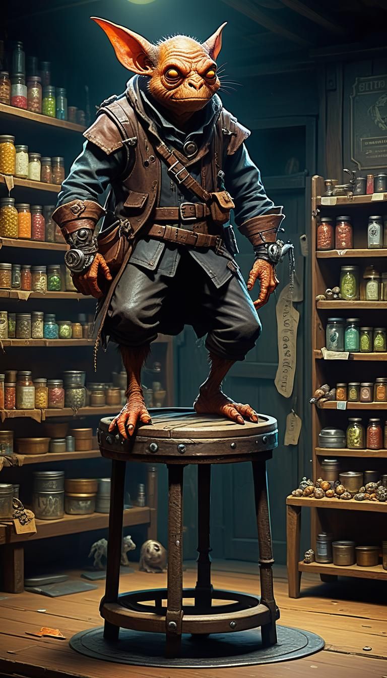 Biopunk Shop with Hobgoblin on Tall Stool