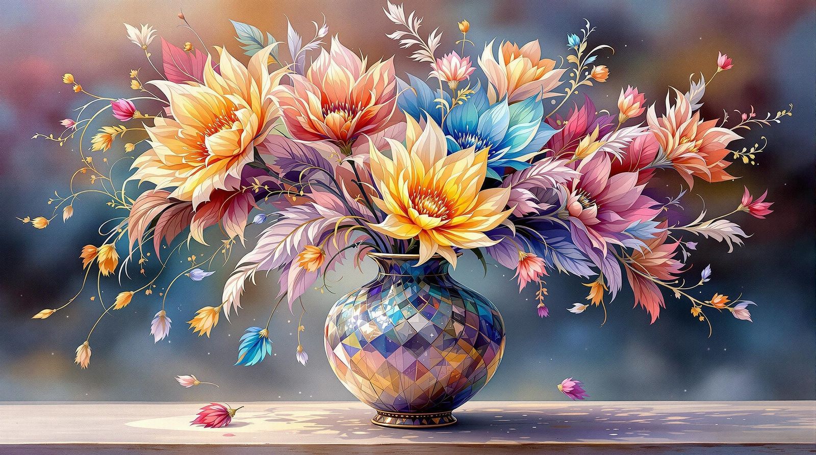 Fractal Feathered Flowers in Elegant Ceramic Vase