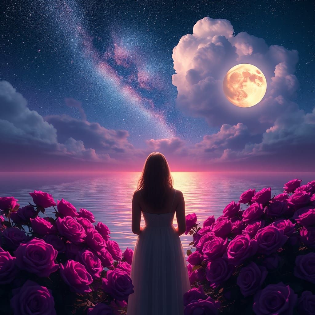 Woman at Luminous Lake with Purple Roses