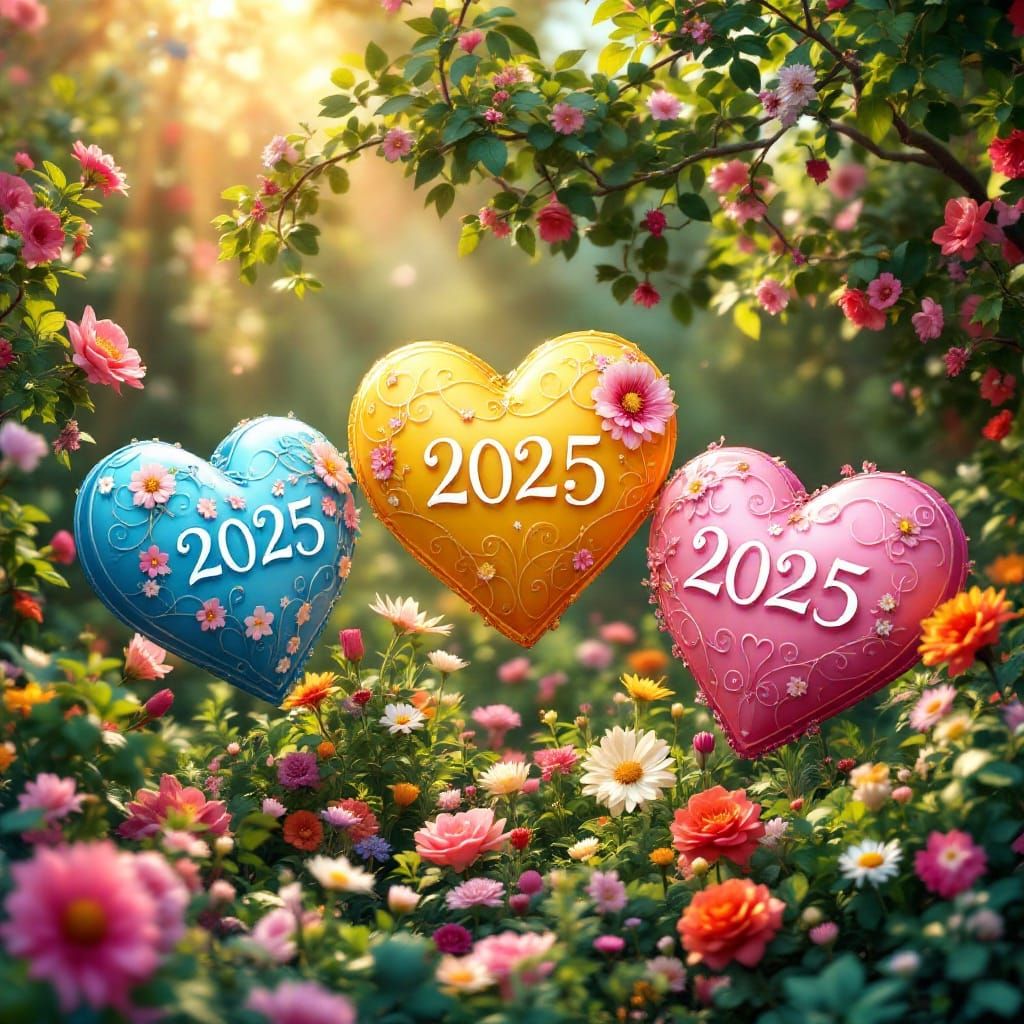 Floating Hearts in a Lush Garden: 3D Rendered