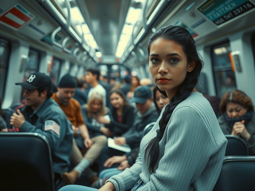 Crowded London Underground Train with Woman