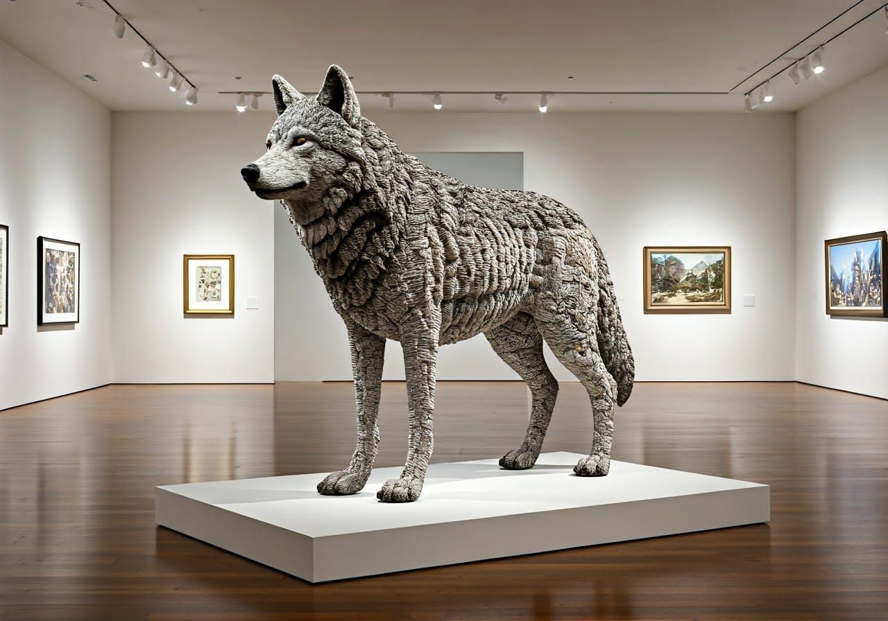 Lifelike Fabric Wolf Sculpture in Modern Art Gallery