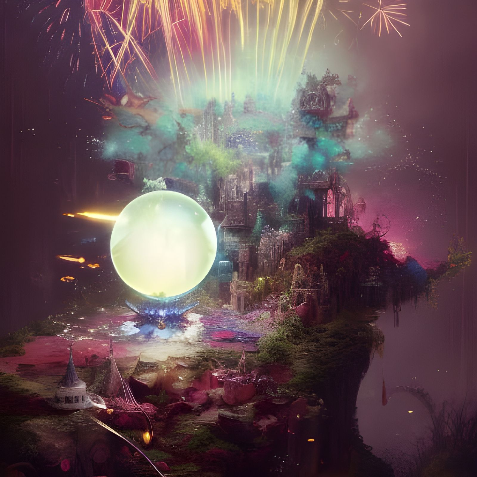 Magic Fireworks over Fairy Castle in Crystal Ball