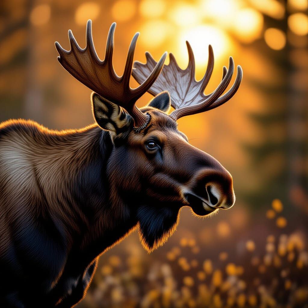 Majestic Bull Moose in Golden Hour Forest