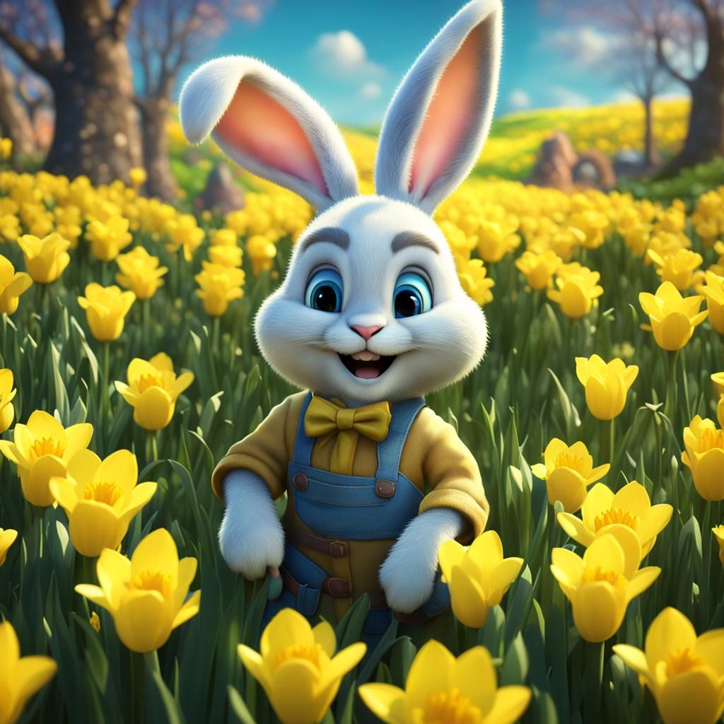 Easter Bunny Hiding in Daffodils: 3D Animation