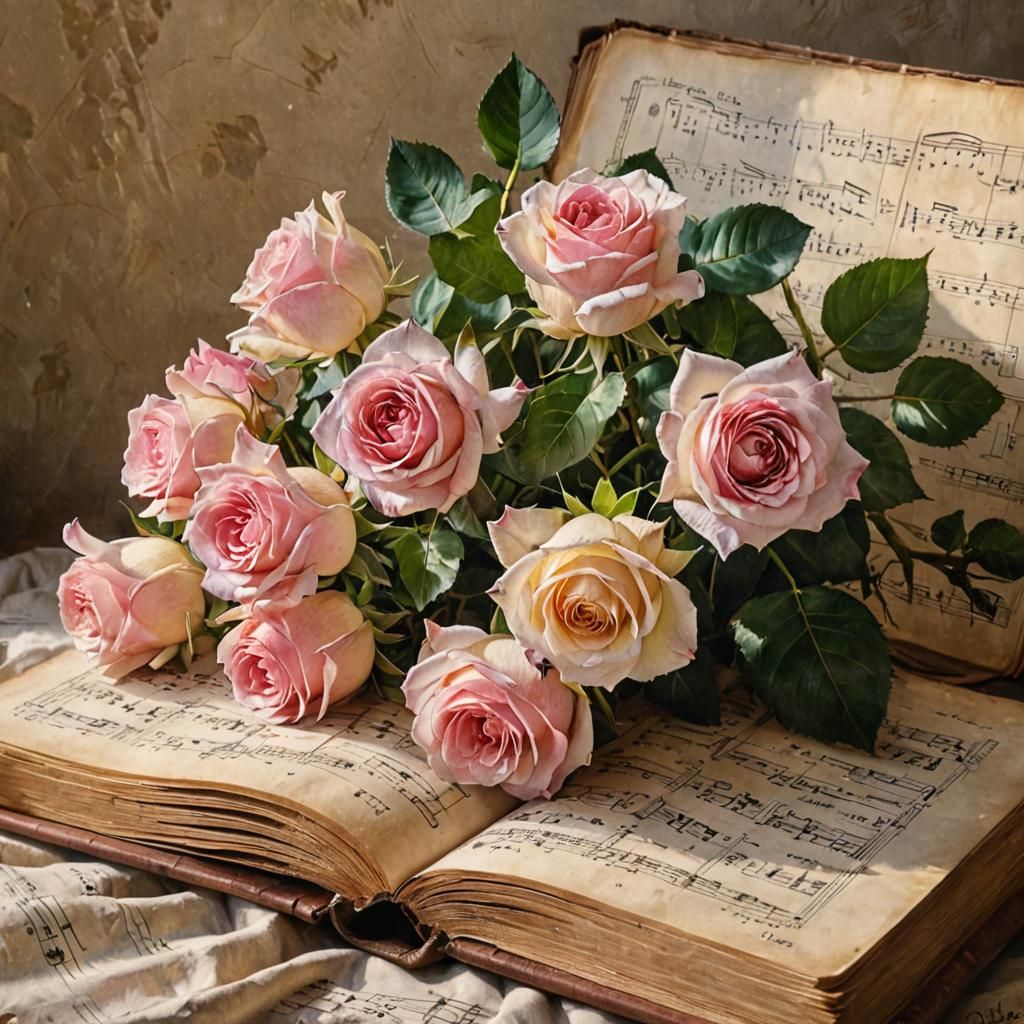 Hyperrealistic Roses on Sheet Music: Oil Painting