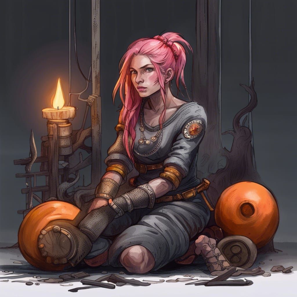 Gothic Steampunk Mechanic Girl Repairs Chopper
