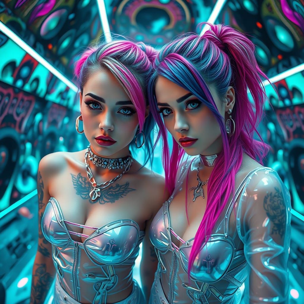 Neon Women in Psychedelic Futuristic Cityscape