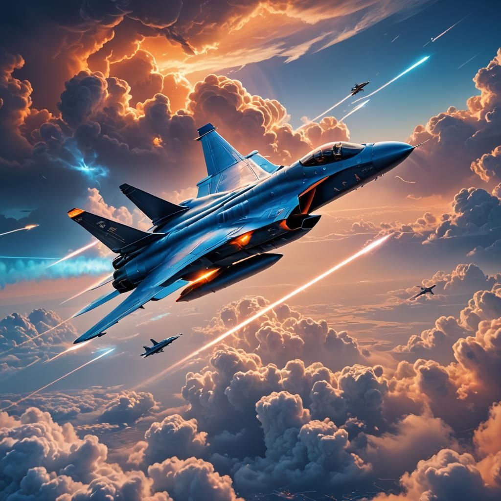 Futuristic USAF Jet Soaring Through Clouds in Neon Style