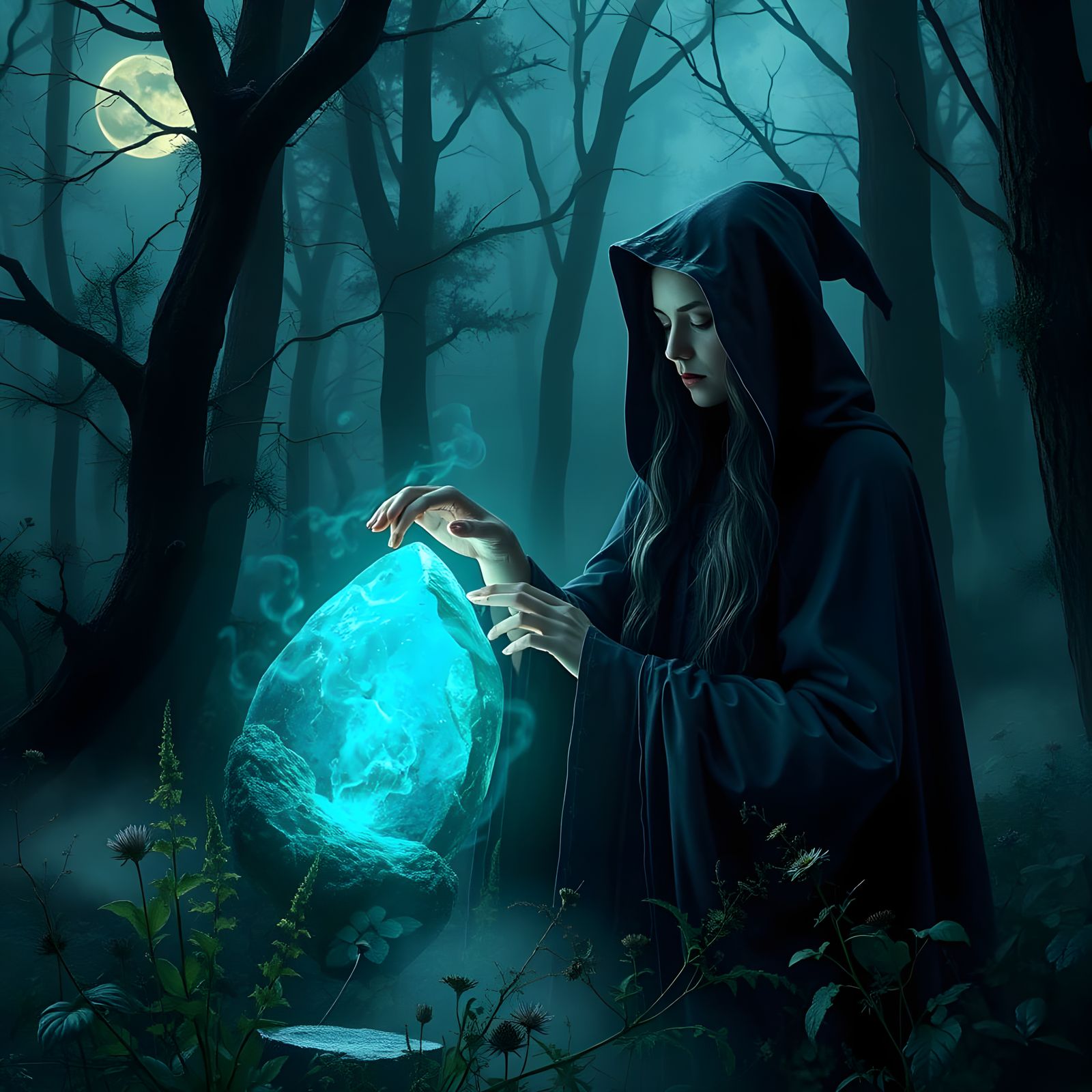 Mystical Witch Finds Prophecy Stone in Enchanted Forest