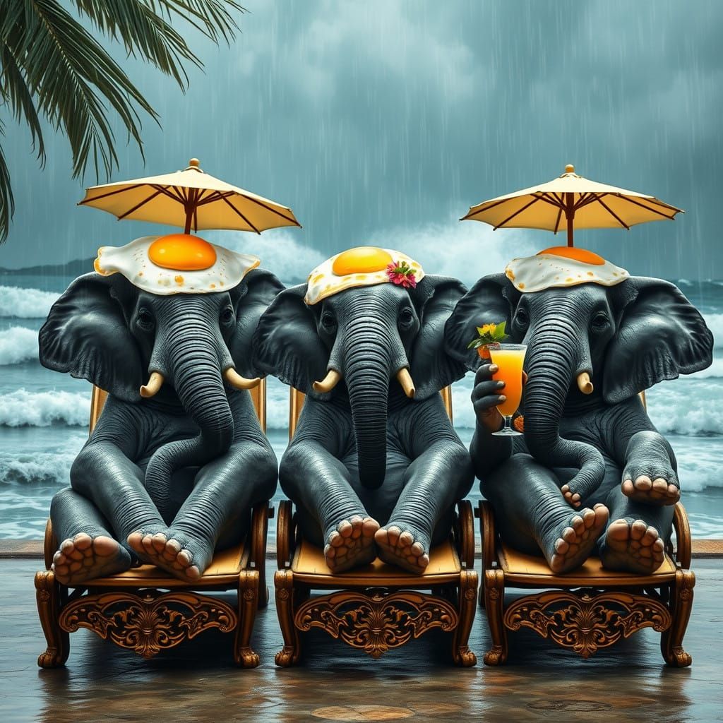Elephants in Tropical Oasis Amidst Turbulent Storm