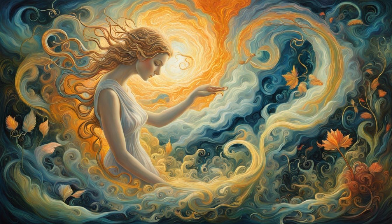 Surreal Oil Painting of Ethereal Cupid and Psyche in Dreamli...