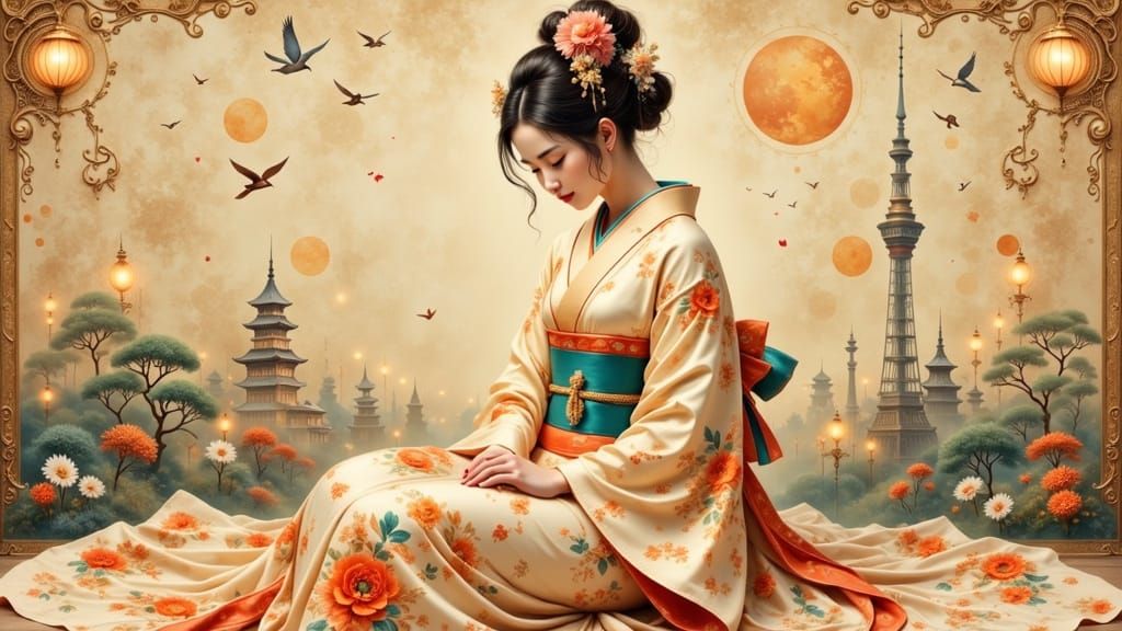 Serene Japanese Beauty in Vibrant Kimono
