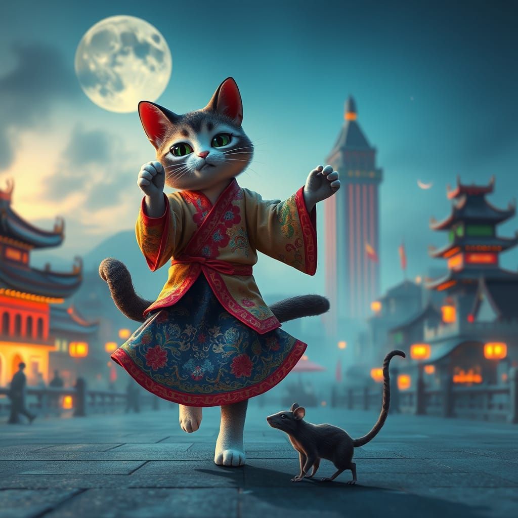 Whimsical Cat-Like Humanoid Dances in Pyongyang Cityscape