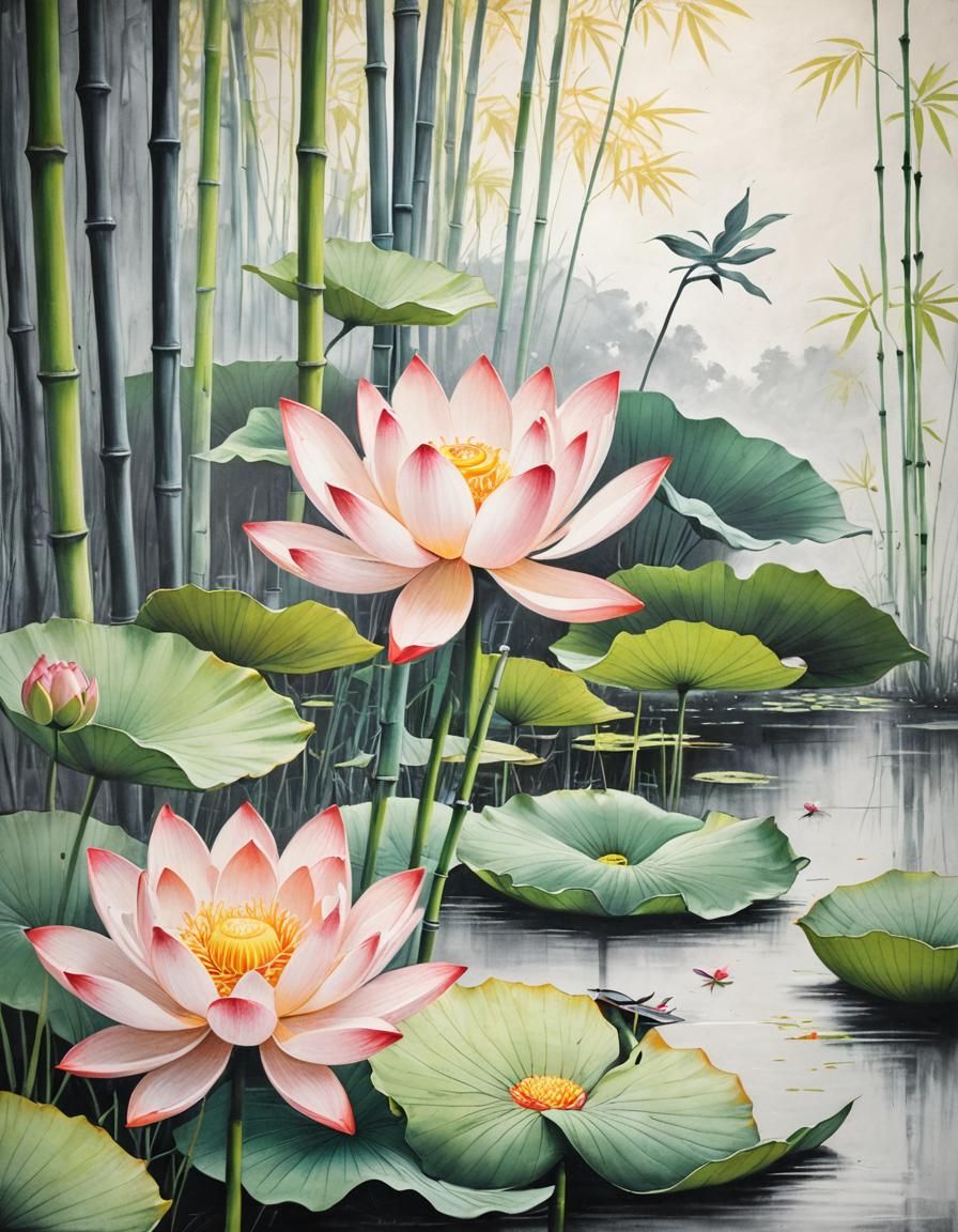 Minimalist Chalk Drawing: Surreal Bamboo and Lotus Landscape