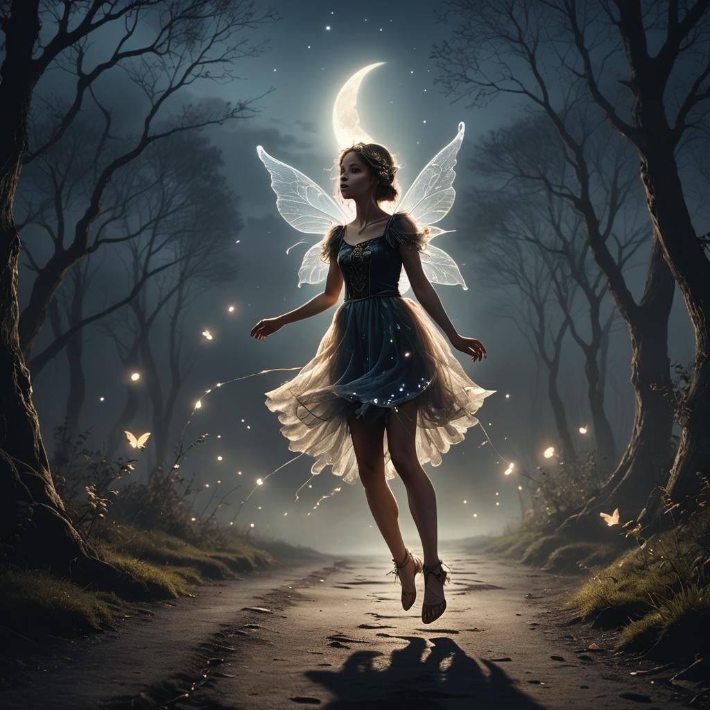 Ethereal Fairy Dance in Dark Fantasy Landscape