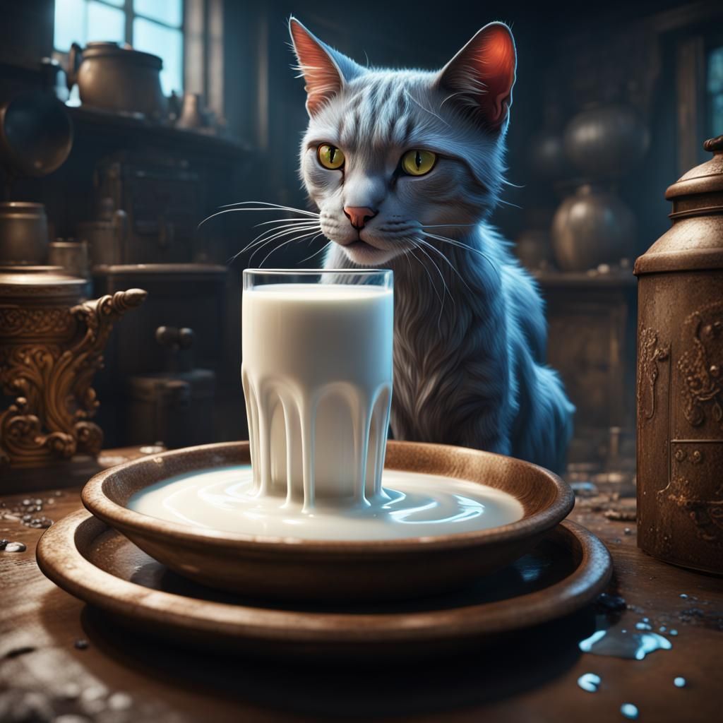 Cat Drinking Milk in Detailed Digital Painting