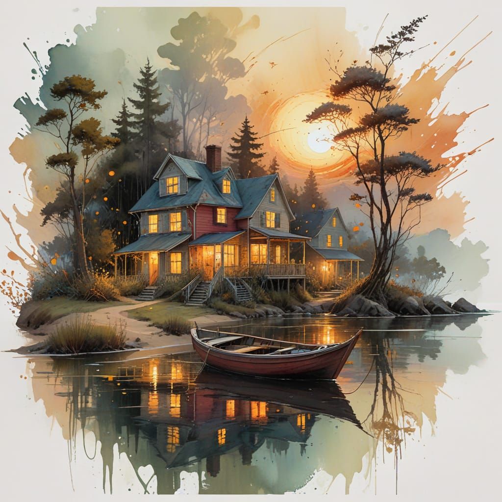 Surreal Sunset over Serene Coastal Scene