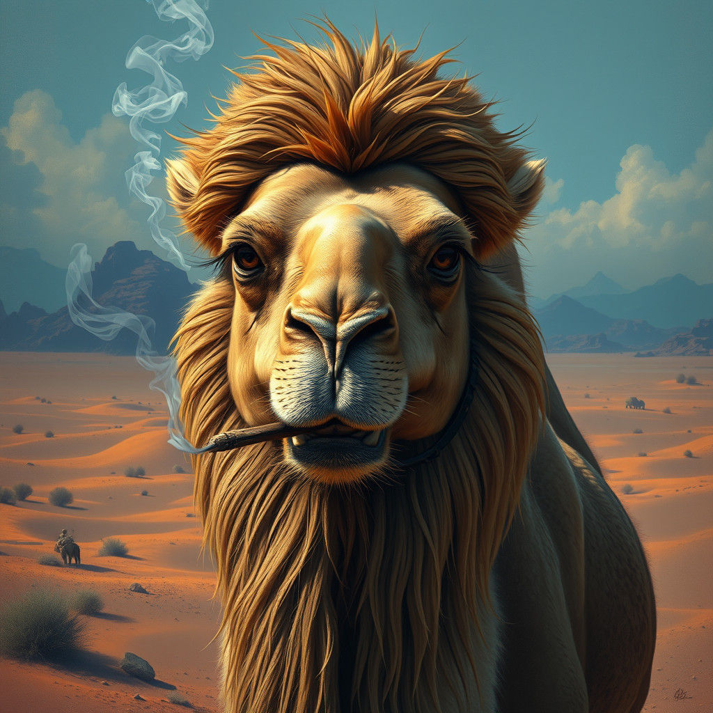 Lion-Camel Smoking Spliff in Desert Landscape