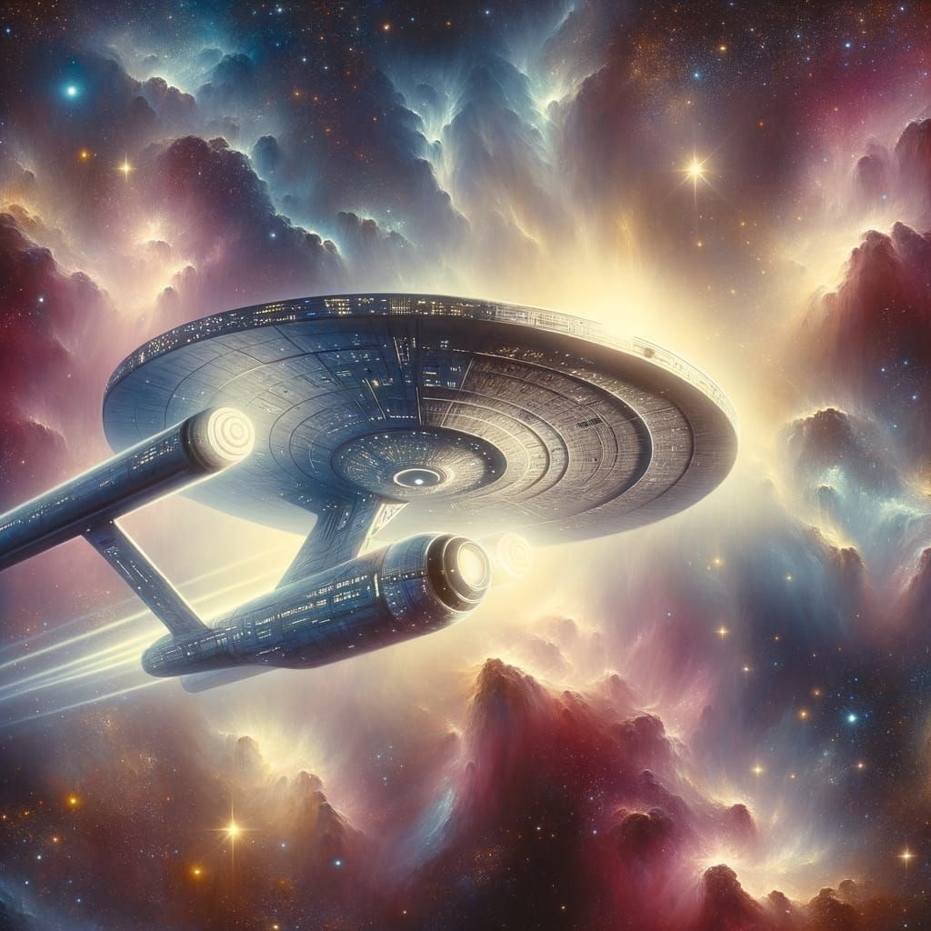 Ethereal Oil Painting of Futuristic Spaceship in Nebula