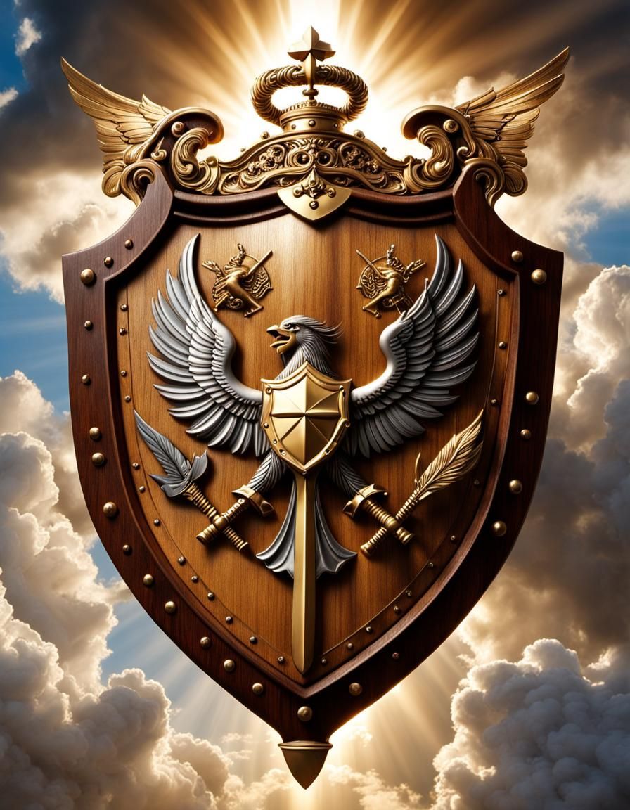 Ornate Heraldic Shield with Sword and Angels