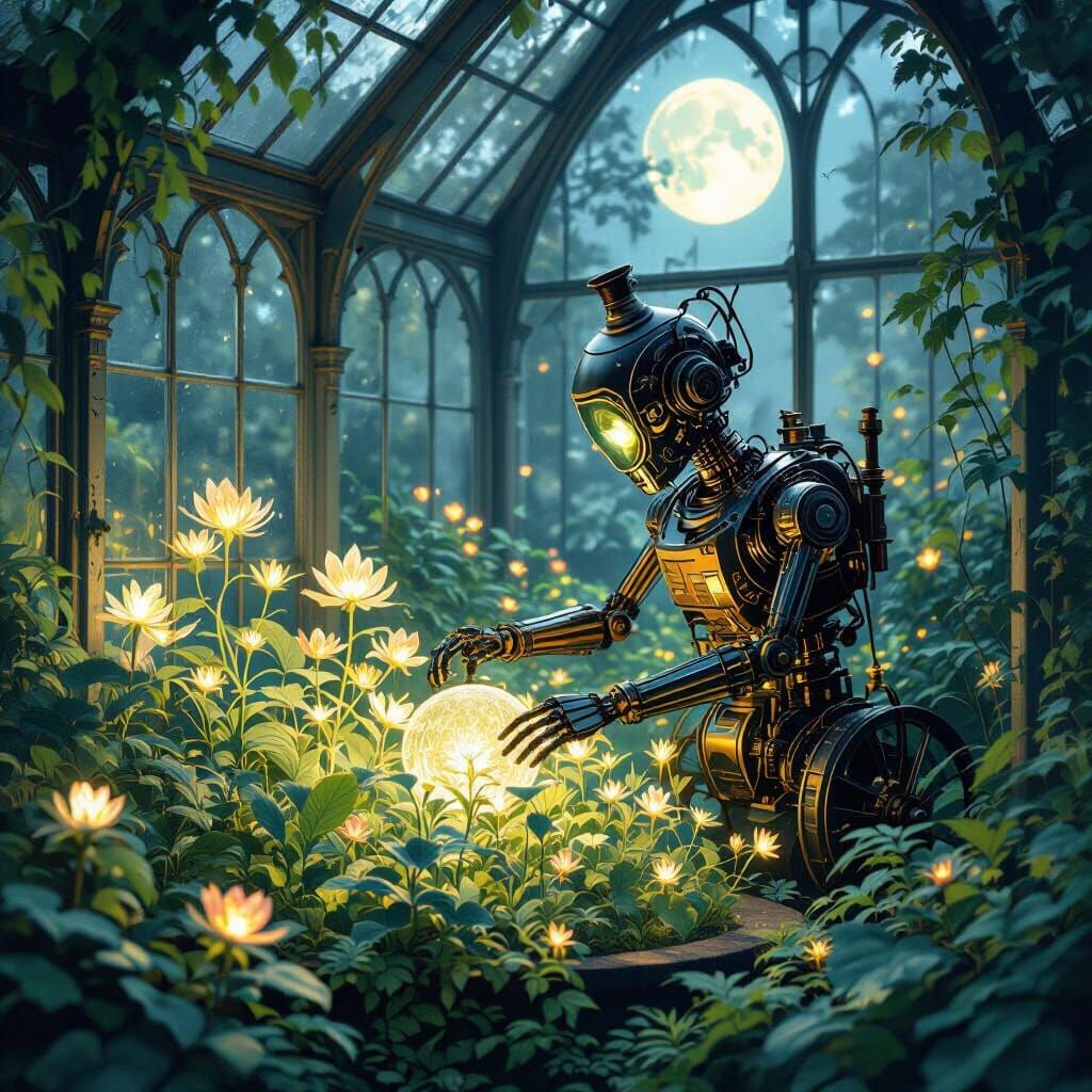 Steampunk Automaton in Glowing Victorian Garden