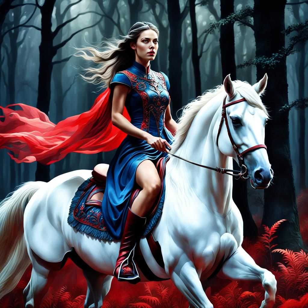 Woman on White Horse in Forest, Hyperrealistic Watercolor